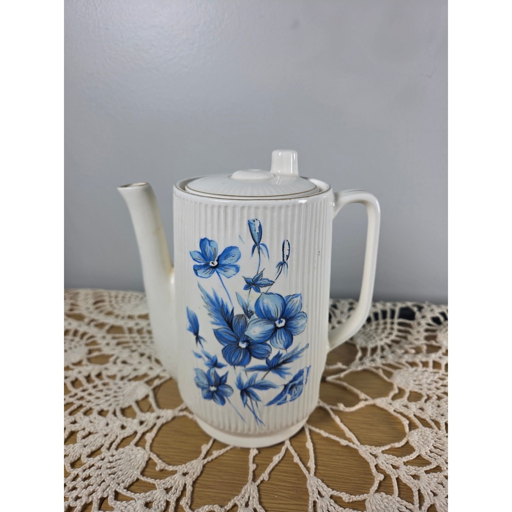 Vintage Electric Ceramic Coffee Percolator Blue Floral Ribbed White Tea Pot